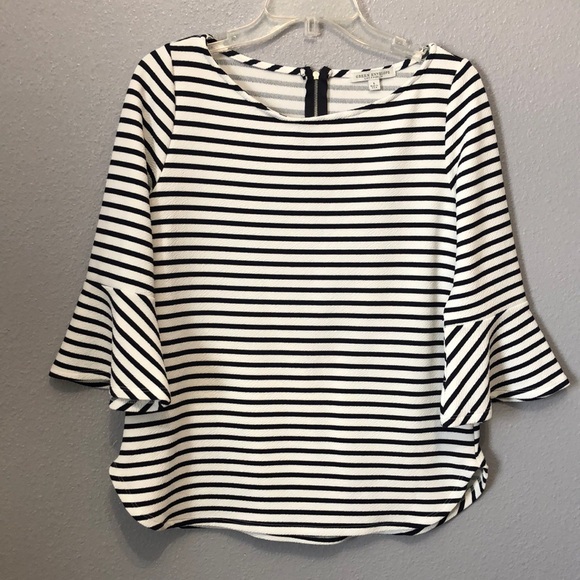 Green Envelope Tops - Anthro Green Envelope striped bell sleeve top Women's L zip back shirt blouse